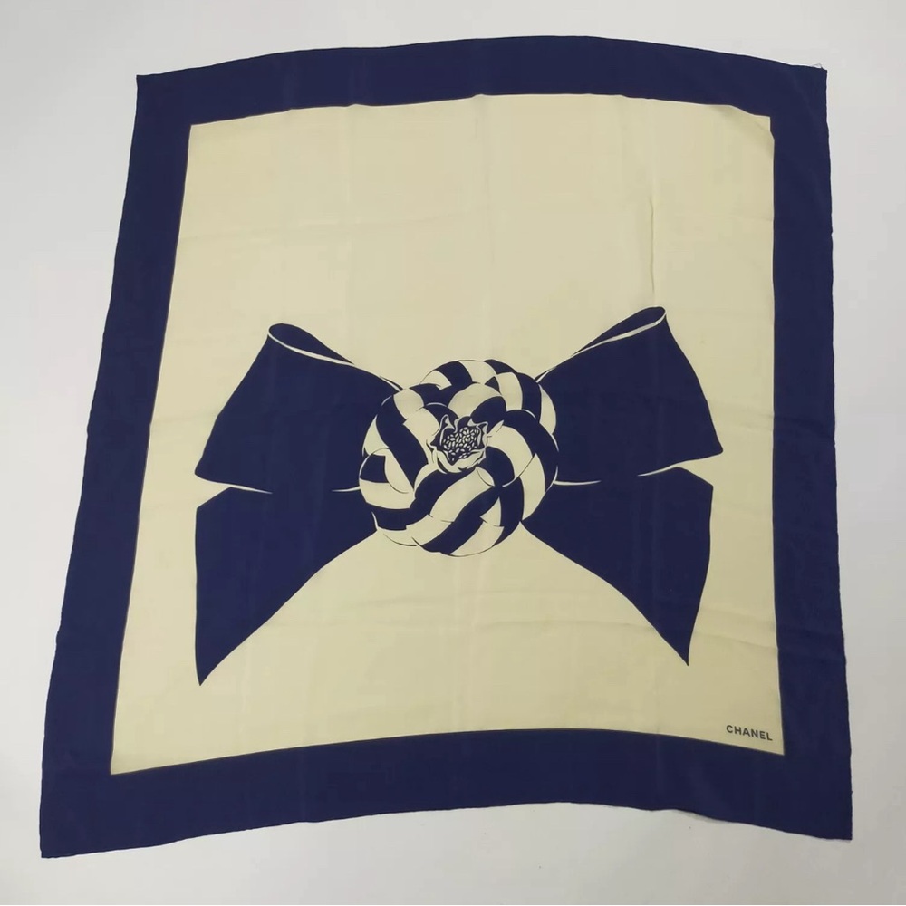 Chanel Silk Scarf Navy Cream w/ Camellia and Bow design